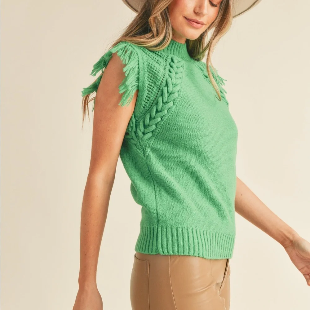 Green cable knit fringe short sleeve sweater - Picture 4 of 8